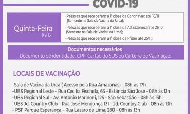 Aplicação da 2ª dose da vacina contra COVID-19 será realizada nesta quinta-feira (16)
