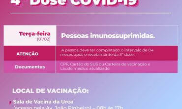Aplicação da 4ª dose da vacina contra COVID-19 aos imunossuprimidos acontece amanhã