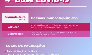 Aplicação da 4ª dose da vacina contra COVID-19 aos imunossuprimidos continua na segunda
