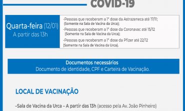 2ª Dose | Aplicação do imunizante contra COVID-19 segue amanhã a partir das 13h