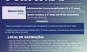 Aplicação da 3ª dose da vacina contra COVID-19 acontece amanhã (16)