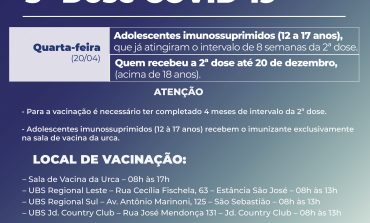 3ª dose da vacina contra COVID-19 será aplicada nesta quarta (20)